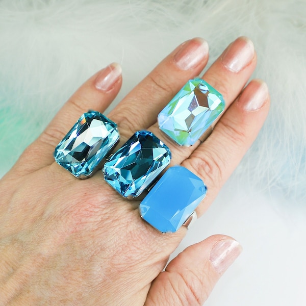 Aquamarine Blue Crystal Ring, Oversized Stone Cocktail Ring, Gigantic Statement Rings, Prom Jewelry, Bridesmaids Gift, Rectangle Ring, SR59