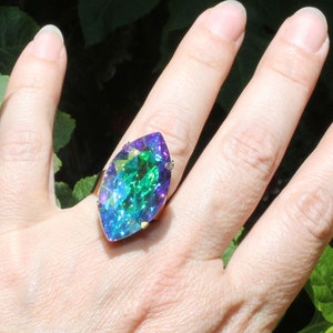 Aurora Borealis Ring, AB Crystal Ring, Rainbow Long Ring, Marquise Cut Ring, Cocktail Ring Adjustable, Northern Lights Jewelry, Gift, GR82