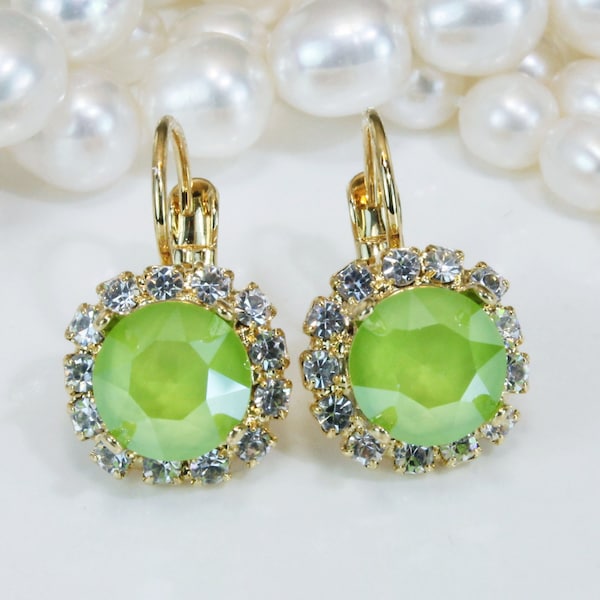 Lime Earrings Green Drop Dangle Crystal Earrings Bright Pistachio green Wedding Bridesmaids Gift Bridal Jewelry Clear Halo,Gold,Lime,GE96