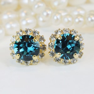 Peacock Stud Earrings Bridesmaids Teal Green Blue Earrings Peacock Wedding Jewelry Bridal European Crystal Clear Halo,Gold,Indicolite,GE95