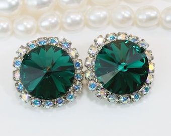Emerald Clip On Earrings European Crystal Emerald Green Bridal Bridesmaids Clipon Emerald Wedding Jewelry Ab Halo 14mm,Silver,Emerald,SE110