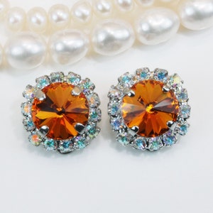Orange Clip on Earrings, Tangerine Crystal AB Halo Clip Ons, Orange Earrings, Bridesmaid Gift, Wedding Jewlery, Silver, Tangerine, SE97
