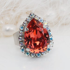 Coral Crystal Ring European Bridal Teardrop Bridal Watermelon Salmon Pink Adjustable Cocktail Ring AB halo Wedding,Silver,padparadscha,SR57