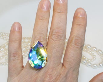 AB Crystal Ring Big Stone Rainbow Oversize Teardrop Aurora Borealis Adjustable European Cocktail AB Ring White Wedding Jewelry,Gold,AB,GR61