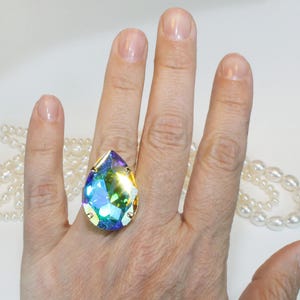 AB Crystal Ring Big Stone Rainbow Oversize Teardrop Aurora Borealis Adjustable European Cocktail AB Ring White Wedding Jewelry,Gold,AB,GR61