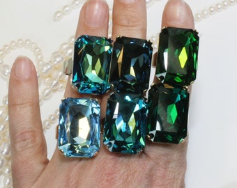 Statement Crystal Ring Blue Green Oversize Big Stone Cocktail Teal Green Ring For Men Bridal Statement Adjustable rectangle Ring ,GR59