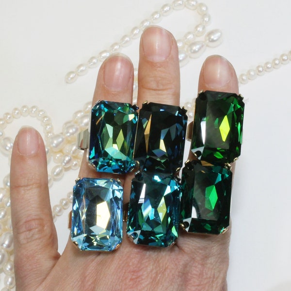 Bague cristal tendance bleu vert, bague cocktail oversize surdimensionnée avec grosses pierres, vert sarcelle pour homme, bague rectangle ajustable, déclaration de mariée, GR59