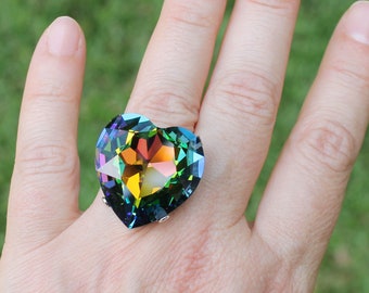★TATIANA★ Pastel Rainbow Heart Ring CR1801 Statement Rings, Rainbow Heart Ring, Multicolored Crystal