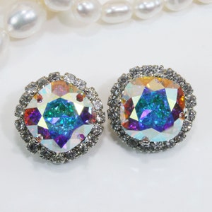 AB Clip on Earrings European Crystal Aurora Borealis Bridal Wedding Bridesmaids non pierced Rainbow 12mm Square Cushion Cut,Silver,AB,SE123