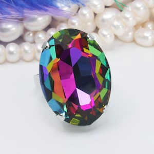 Gay Pride Ring, Volcano Ring, Rainbow Crystal Ring, LGBTQ Ring, Multicolored Cocktail Ring, Rhinestone Drag Ring, Adjustable Ring, SR79