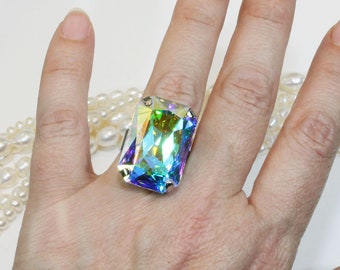 Aurora Borealis-ring, Norrskenssmycken, AB-ring, Kristallsmycken, Rektangulär ring, Alla hjärtans dag-present, Regnbågsring, Timatibo GR59