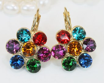 Multicolored Earrings European Crystal Rainbow Drop Dangle Flower Earrings Bridal Bridesmaids set multicolor Wedding Jewelry,Gold,GE43