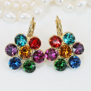 Multicolored Earrings Swarovski Crystal Rainbow Drop Dangle Flower Earrings Bridal Bridesmaids set multicolor Wedding Jewelry,Gold,GE43