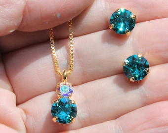 Teal Blue Jewelry Set, Teal Gemstone Necklace, Crystal Stud Earrings, Peacock Blue Bridal Jewelry Set, Blue Zircon Necklace, Prom Studs,GN81