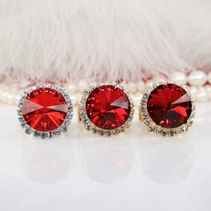 Red Ring Christmas Deep True Red Crystal Cocktail Ruby Cherry Bridal Valentine's Adjustable Clear Halo 18mm Rivoli Wedding Jewelry,Gold,GR48