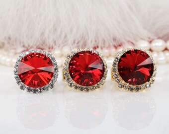 Bague rouge Noël cristal rouge foncé cocktail rubis cerise nuptiale Valentin Halo transparent réglable 18 mm Rivoli bijoux de mariage, or, GR48