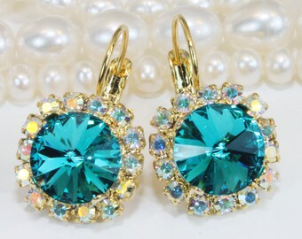 Peacock Green Drop Earrings Bridal European Crystal 10mm Bridesmaids Peacock Wedding Dangle Set Matching Necklace,Blue Zircon,Gold,GE98