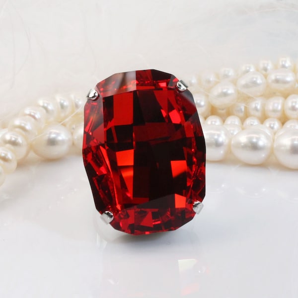 Anillo Siam de luz roja, anillo de cristal rojo masivo, anillo de gema grande, anillo de cóctel rojo extragrande, anillo de cristal grande para hombre, Navidad San Valentín SR72