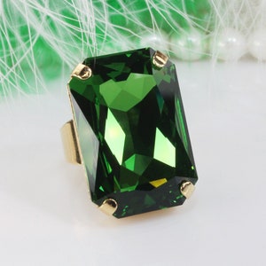 Green Cocktail Ring, Big Rectangle Crystal Ring For Men And Women, st patrick&#39;s day, Kelly Green Jewelry, Adjustable Band, Fern Green, GR59