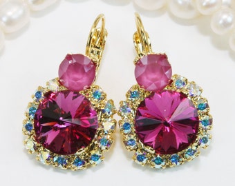 Fuchsia Pink Bridal Earrings European Crystal Drop Earrings Fuchsia Bridesmaids Hot Pink Dangle Earrings Fuchsia Wedding Jewelry,Gold,GE102