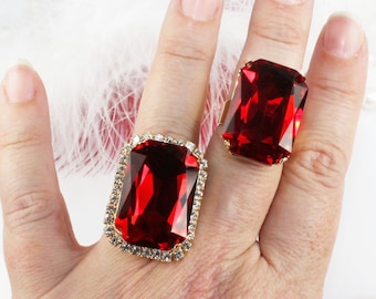 Red Cocktail Ring | Statement Rectangle Ring | Large Ruby Ring | Siam Ring | July Birthstone Jewelry | Oversized Crystal Ring | Red Gem GR59