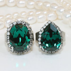 Emerald Ring European Crystal Emerald Green Bridal Teardrop Oval Adjustable Ring Cocktail Emerald Wedding,Antique Silver,Emerald,SOR57