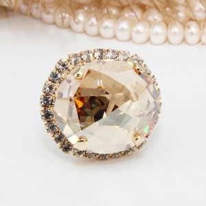 Champagne Brown Rare Crystal Ring, Nautilus Big Stone Cocktail Ring, Unique Statement Wedding Jewelry, Clear Halo, Gold, Golden shadow, GR49