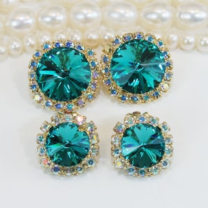 Teal Clip on earrings Peacock Bridal European Crystal  Peacock Wedding Jewelry Peacock Bridesmaids14mm 10mm Clip on,Gold,Blue Zircon,Ge110