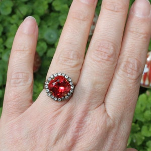 Red Ring Scarlet Red European Crystal Cocktail Adjustable Scarlet Red Ring Square Bridal Cushion Cut Scarlet Red Wedding,Brass,Scarlet,BN82