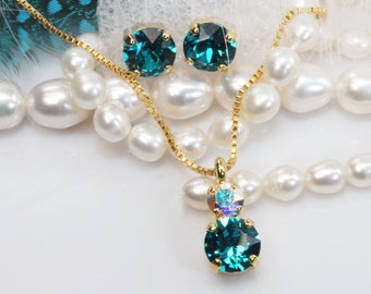 Teal Bridal Jewelry Set, Peacock Green Necklace, Crystal Stud Earrings, Blue Zircon Necklace, Prom Jewelry Set, Mothers Day Gift, GN81