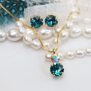 Teal Bridal Jewelry Set, Peacock Green Necklace, Crystal Stud Earrings, Blue Zircon Necklace, Prom Jewelry Set, Mothers Day Gift, GN81