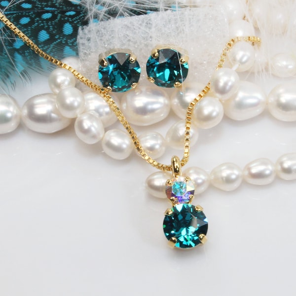Parure de bijoux de mariée bleu sarcelle, collier vert paon, clous d'oreilles en cristal, collier de zirconium bleu, parure de bijoux de bal de promo, cadeau de fête des mères, GN81