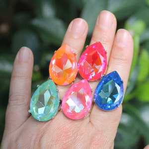 Big Stone Ring European Crystal Adjustable Bridal Cocktail Oversize Huge Teardrop Pear shape Wedding Cosplay Drag Stage Jewelry,Silver,SR64