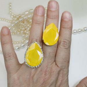 Yellow Ring Buttercup Yellow Bridal European Crystal Statement Oversize Ring Teardrop Cocktail Canary Yellow Wedding,Gold,Buttercup,GR64