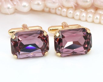 Boutons De Manchette Victoriens Améthyste Or 14 Carats - Époque édouardienne