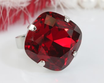 Bague rubis rouge, bijoux de mariage de Noël, bague cocktail en cristal, cadeau de la Saint-Valentin carré réglable, Siam, SR90