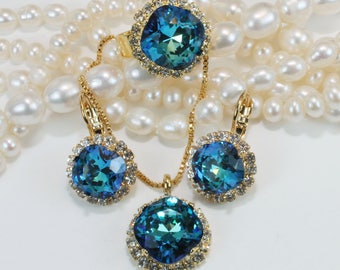 Collar nupcial azul pavo real con colgante de cristal Swarovski, estilo barroco cobalto, para damas de honor, corte cojín, oro, azul Bermuda, GN82