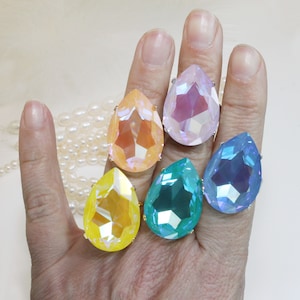 Teardrop Ring Oversize Crystal Cocktail Adjustable Summer Teardrop Pastel Fun Ring Big Stone Ring For Men Bridal Wedding Jewelry,Gold,GR61