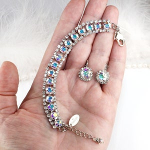 AB Crystal Rhinestone Bracelet, Aurora Borealis Wedding Jewelry, Prom Jewelry Set, Clear Halo Matching Rainbow Earrings, AB Crystal, SB52