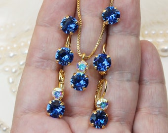 Royal Blue Jewelry Set, Blue Gold Bridal Jewelry, Blue Sapphire Wedding Necklace, Bridesmaid Gift Set, Crystal Earrings, Prom Jewelry, GN81