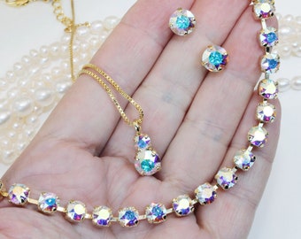 Smyckeset med AB-strass, Halsband med AB-kristall, Iriserande halsband för bal, Örhängen med norrsken, Smyckeset med regnbågsfärgade brudtärnor, GN81
