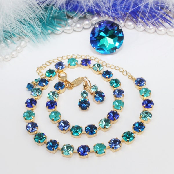 Aqua Blue Teal Crystal Necklace Earrings Ring Full 8mm Matching Set Royal Blue Green Vibrant Bridal Beach Wedding Bridesmaids Gift,Gold,GN1