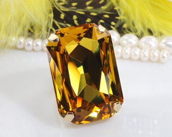 Huge Yellow Stone Ring, Large Cocktail Ring, Oversize Crystal Ring, Rectangle Ring Men, Adjustable Ring, Statement Wedding Jewelry GR84