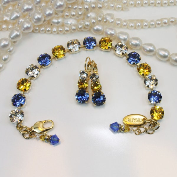 Yellow Royal Blue Gold Bracelet And Earrings Set Warriors Denver Nuggets San Diego Chargers UCLA Fan Bracelet,European Crystals,Gold,GE45