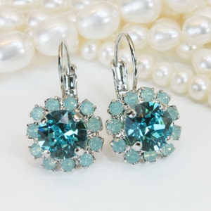 Mint Aqua Earrings, Blue Green Drop Crystal earrings Halo Earrings Mint Opal Blue European  rhinestones Crystals Silver,Light Turquoise,SE96
