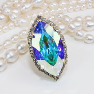 Oversized Aurora Borealis Ring, AB Crystal Ring, Marquise Cut Ring, Iridescent Statement Rings, Rainbow Cocktail Ring, Long Ring,AB, GR66