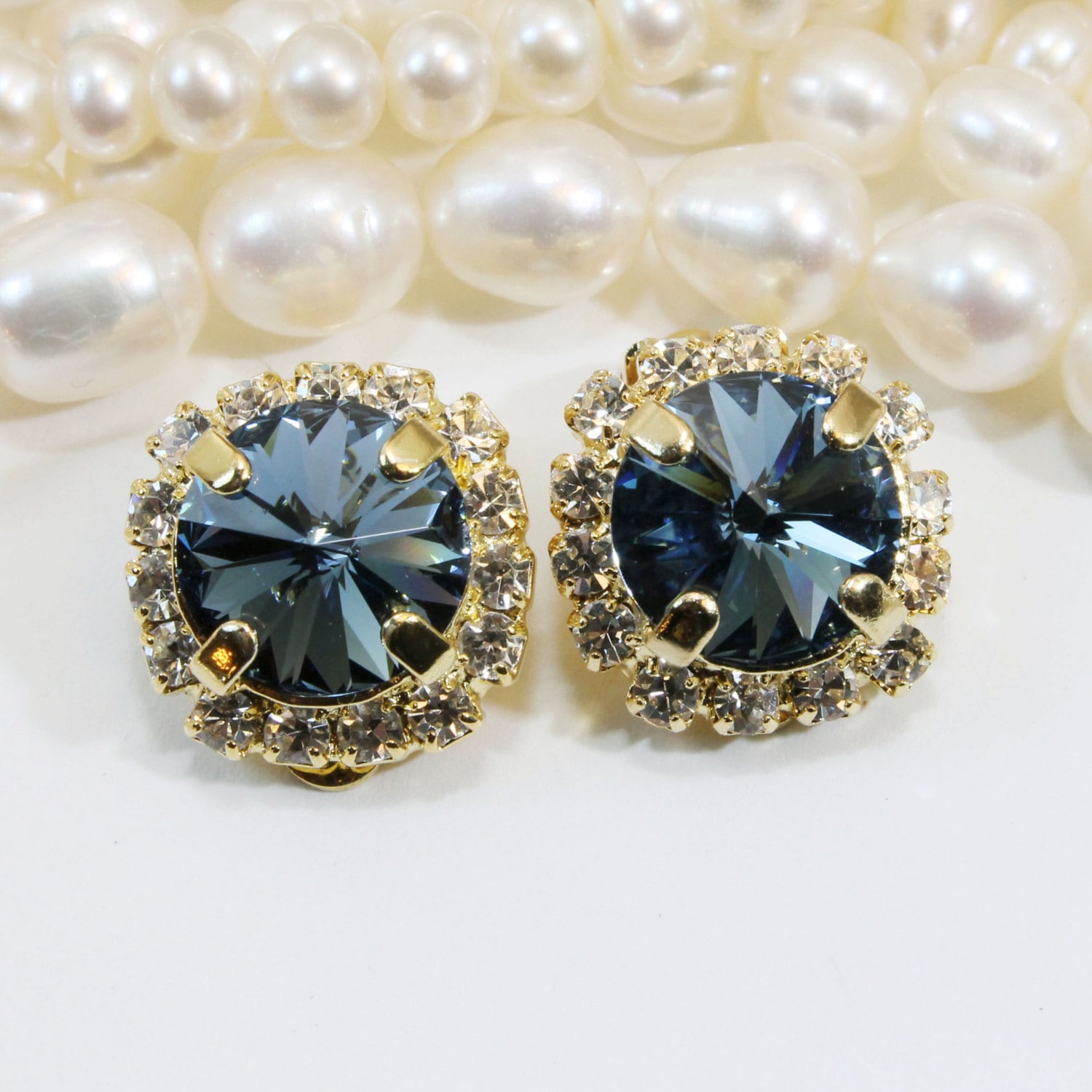 Navy Clip Earrings Blue Clip on Crystal Earrings large clear Etsy