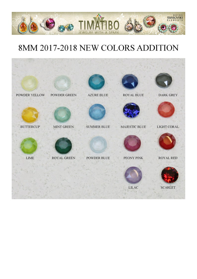 May include: A chart of 16 different colors of 8mm round crystal beads. The colors include powder yellow, powder green, azure blue, royal blue, dark grey, buttercup, mint green, summer blue, majestic blue, light coral, lime, royal green, powder blue, peony pink, royal red, lilac, and scarlet.