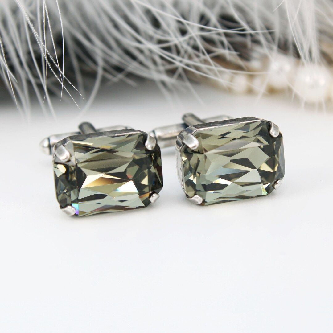 Gray Cufflinks, Groom Cuff Links, Rectangle Crystal Cufflinks, Best Men