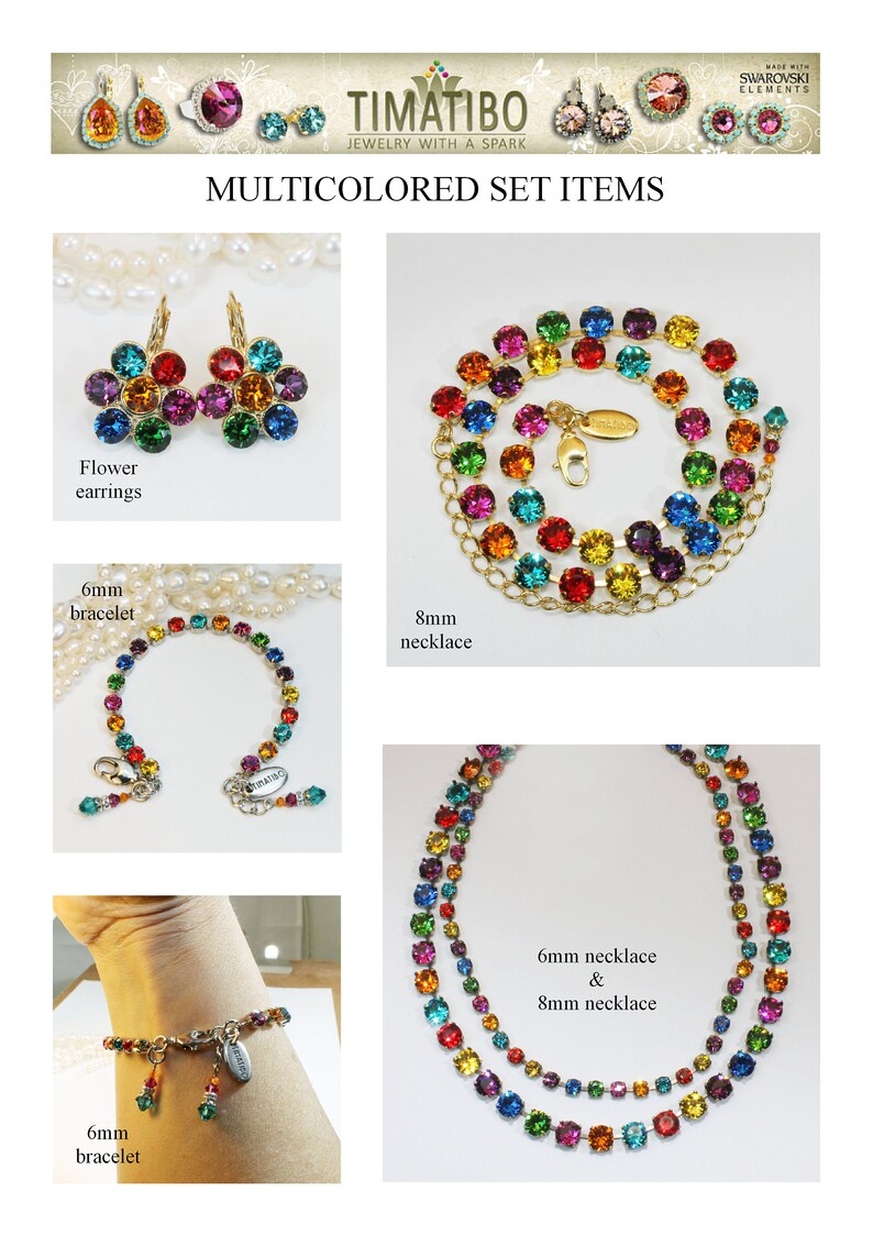 Puede incluir: Conjunto de joyas multicolores con pendientes de flores, pulseras de 6 mm y 8 mm, y collares de 6 mm y 8 mm. Todas las piezas est&aacute;n hechas con cristales de Swarovski.